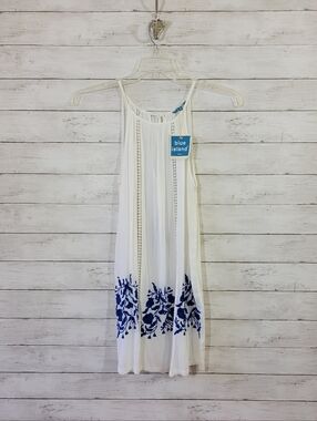 Blue Island Beach Embroidered Swimsuit Cover Up Dress White Blue Floral Sz Small